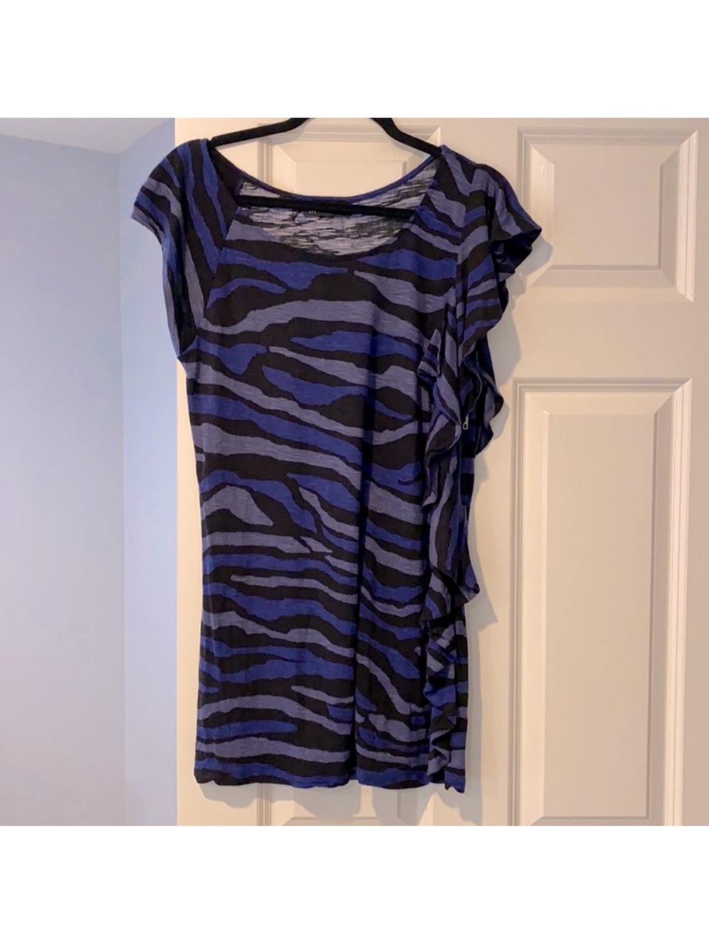 INC International Concepts Blue and Black Zebra-Print Ruffle Sleeve Top